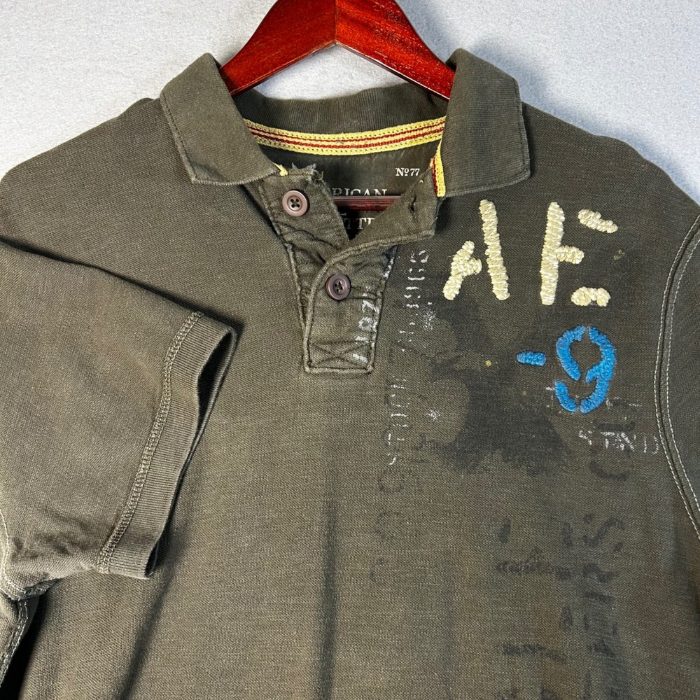 American Eagle Mens Y2K Distressed Polo Shirt Olive Green Graphic Embroidered L